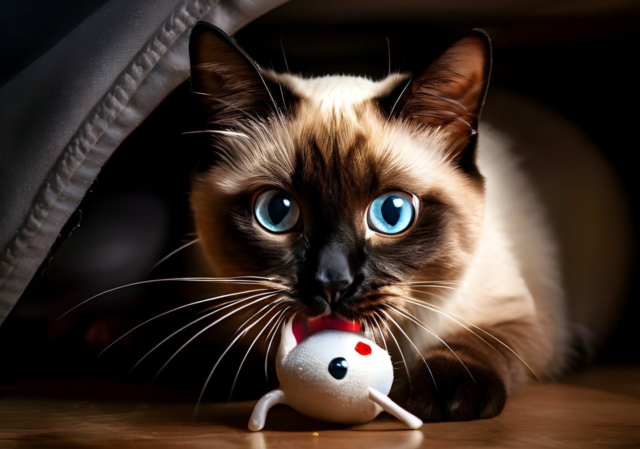 Adorable Siamese cat with a toy in his mouth.